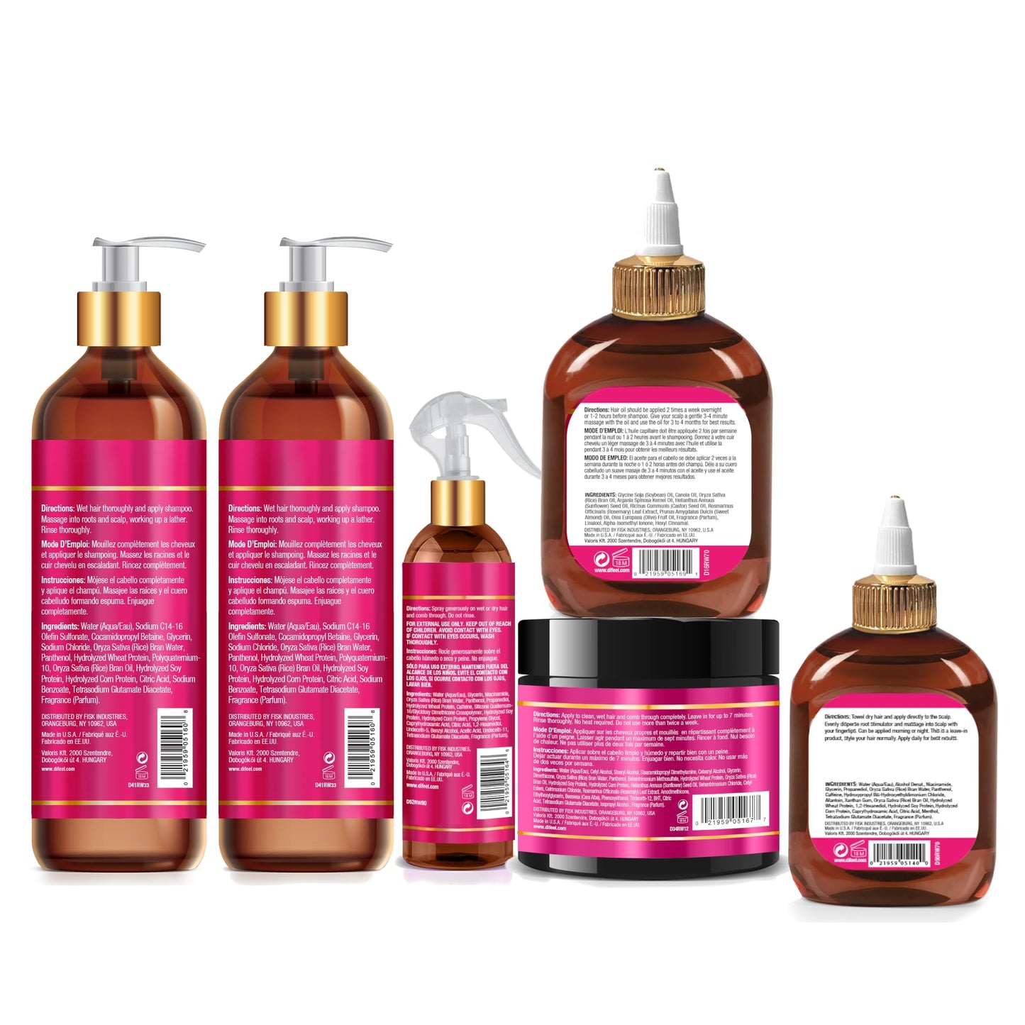 Difeel Rice Water Hair Care Ultimate Shampoo & Conditioner 6PC Set - Includes 33.8oz Shampoo, 33.8oz Conditioner, 12oz Hair Mask, 7.1oz Hair Oil