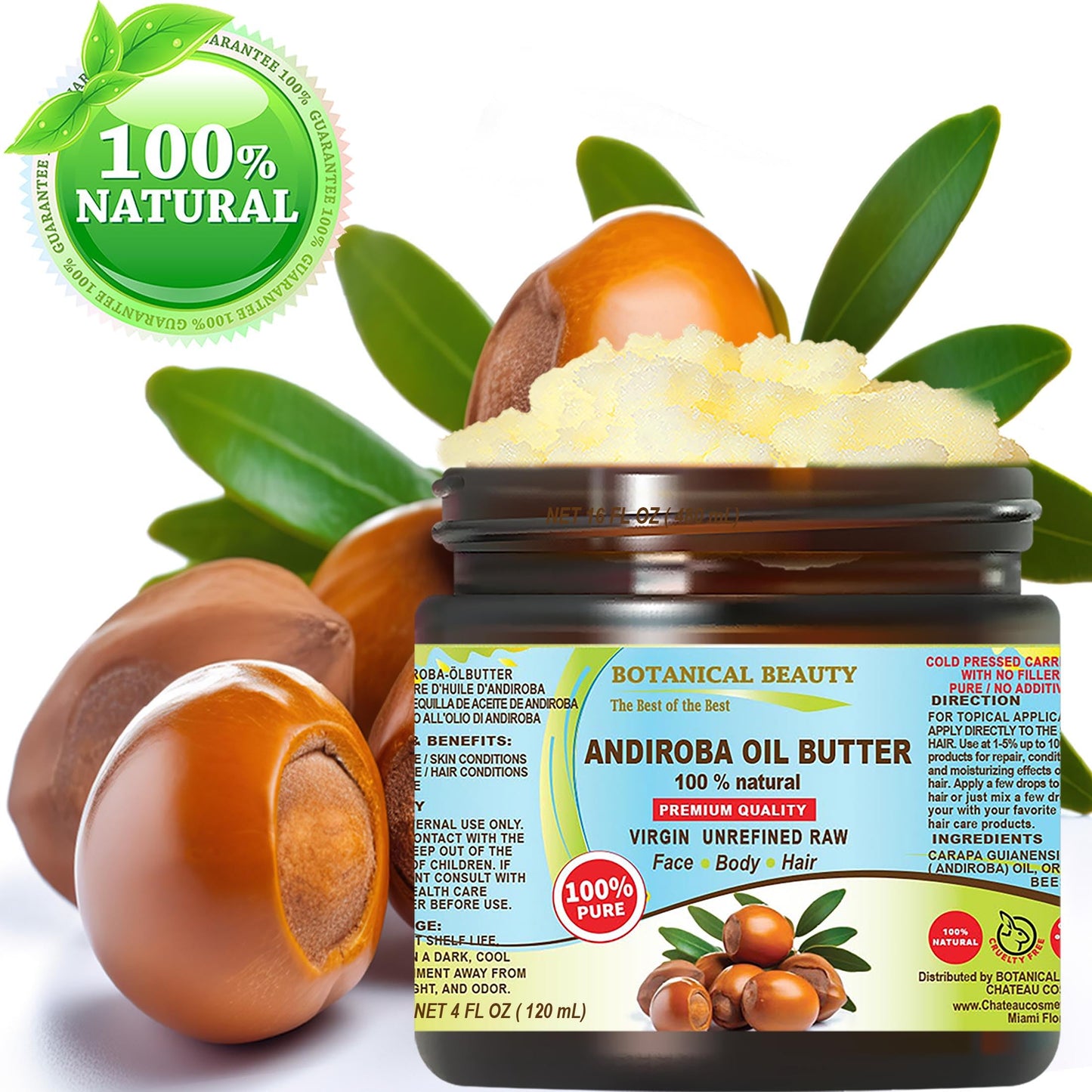 Botanical Beauty Andiroba Oil Butter Raw Pure Natural VIRGIN UNREFINED Cold-Pressed for Face, Skin, Body, Hair, Lip, Nails. Rich in Vitamin E, Vitamin