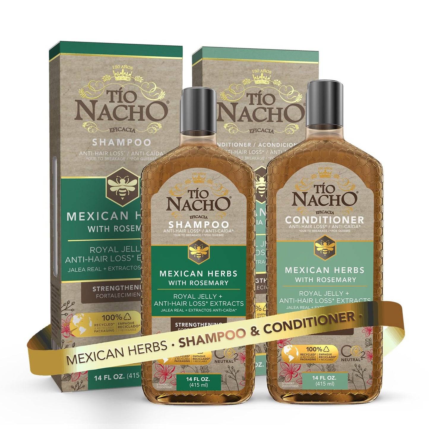 Tío Nacho Mexican Herbs Anti-Hair Loss Shampoo and Conditioner Set with Royal Jelly and Rosemary Extract, Strengthening and Nourishing Routine