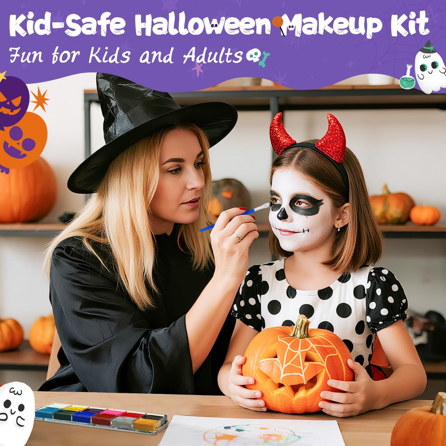 Face Painting Kit for Kids, 12 Colors Oil-Based Face Paint with 2 Brushes, Non-Toxic Halloween Makeup Kit, Professional Face Body Paint for Halloween