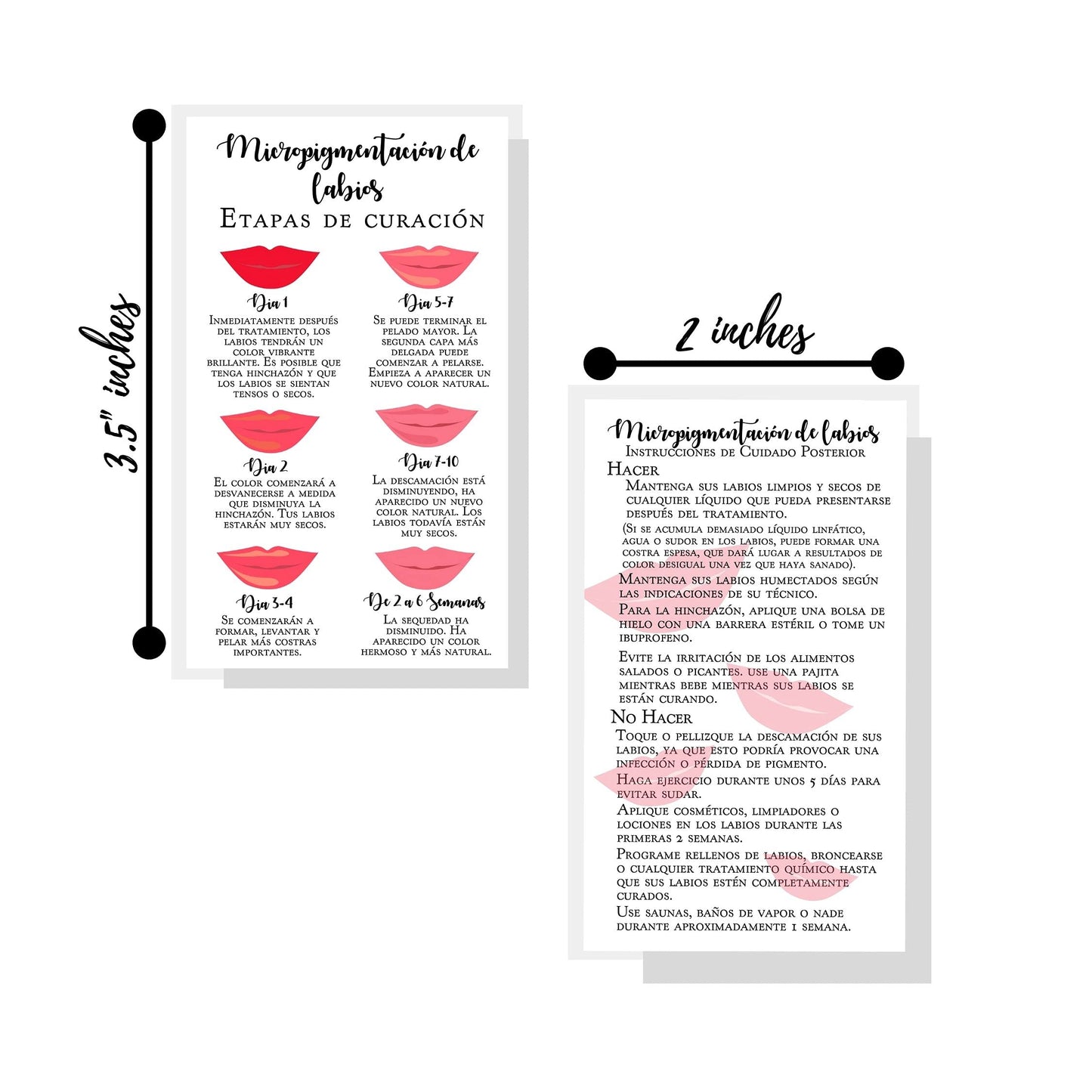 Boutique Marketing LLC Spanish Lip Blush Aftercare Card | Micropigmentación de Labios | 50 Pack | 2 x 3.5in inches Business Card | White with Red Lips