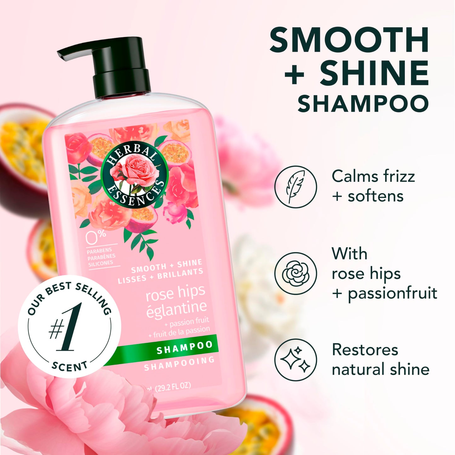 Herbal Essences Shampoo, Rose Hips + Passionfruit - Smooth Collection, Shiny Hair with Vitamin E & Jojoba, Safe for Color Treated Hair, Floral Scent Beauty and Personal Care Herbal Essences