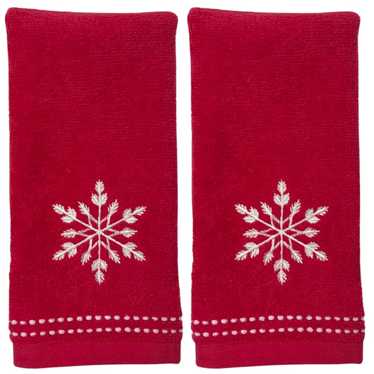 Serafina Home Christmas Bath Fingertip Towels, Red with White Embroidered Snowflake, 2 Piece Set, 12 x 18 inches, 100% Cotton,for bathrooms & Kitchens