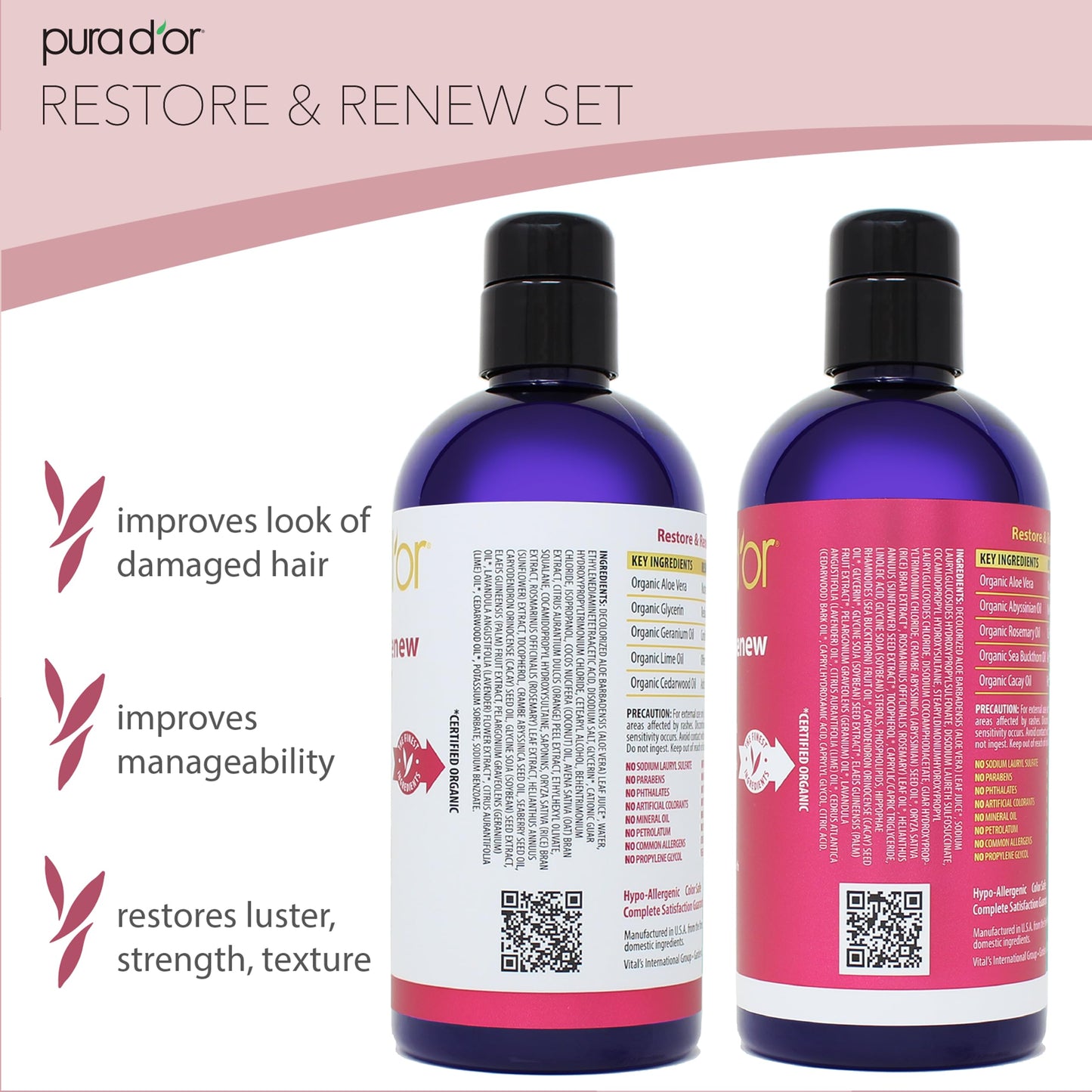 PURA D'OR Restore & Renew Shampoo and Conditioner Set for Strong, Healthy, and Nourished Hair with Organic Aloe Vera, Rosemary, Sea Buckthorn, Cacay
