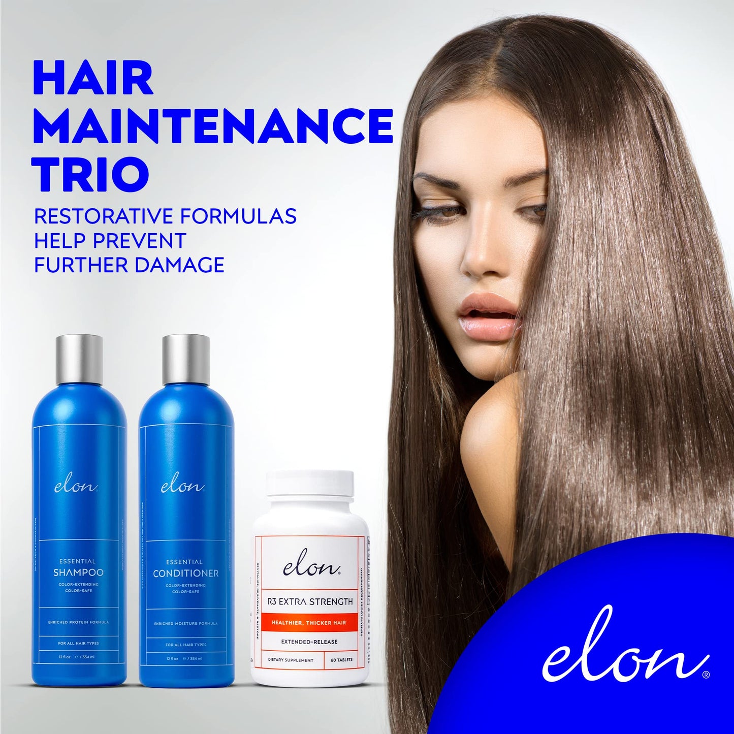 Elon Complete Care Kit for Thinning Hair - Elon Essential Shampoo & Conditioner Set + R3 Extra Strength Hair Growth Supplement - NO Sulfates, Parabens