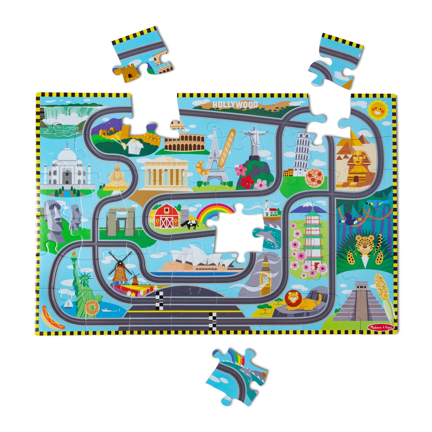 Melissa & Doug Race Around The World Floor Puzzle – 48-Piece Cardboard Jigsaw with Wind-Up Vehicles, Educational Toy for Kids Ages 4+, FSC Certified