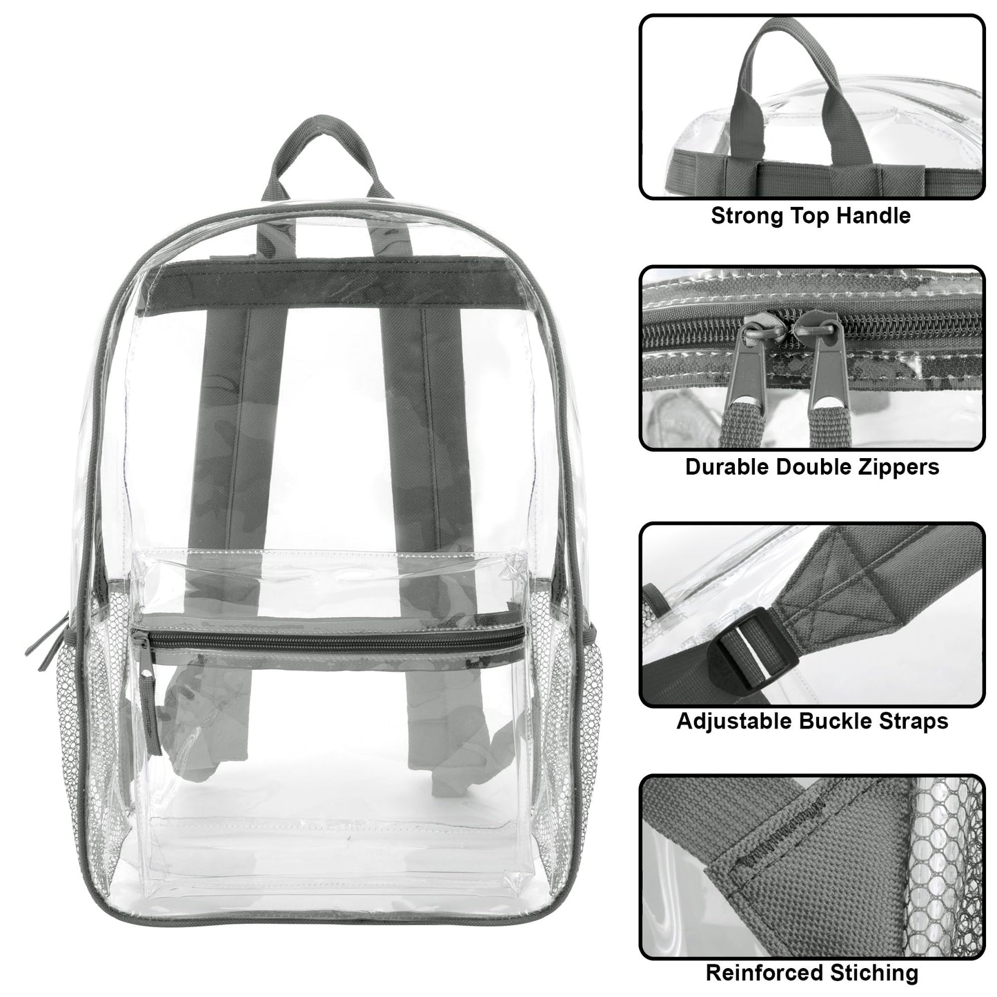 Clear Backpack Heavy Duty Transparent Bookbag for Kids, Boys, Girls, School, Travel, Stadium Approved (Grey)