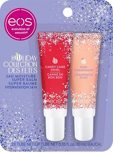 eos Holiday 24H Moisture Super Balm Gift Set, Pink Champagne & Candy Cane Swirl, Limited Edition, Stocking Stuffers, Holiday Lip Mask, 0.35 fl oz