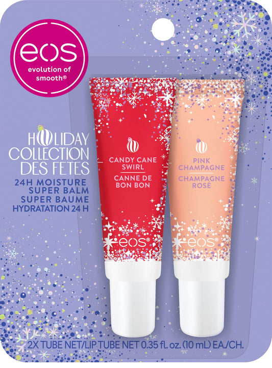 eos Holiday 24H Moisture Super Balm Gift Set, Pink Champagne & Candy Cane Swirl, Limited Edition, Stocking Stuffers, Holiday Lip Mask, 0.35 fl oz