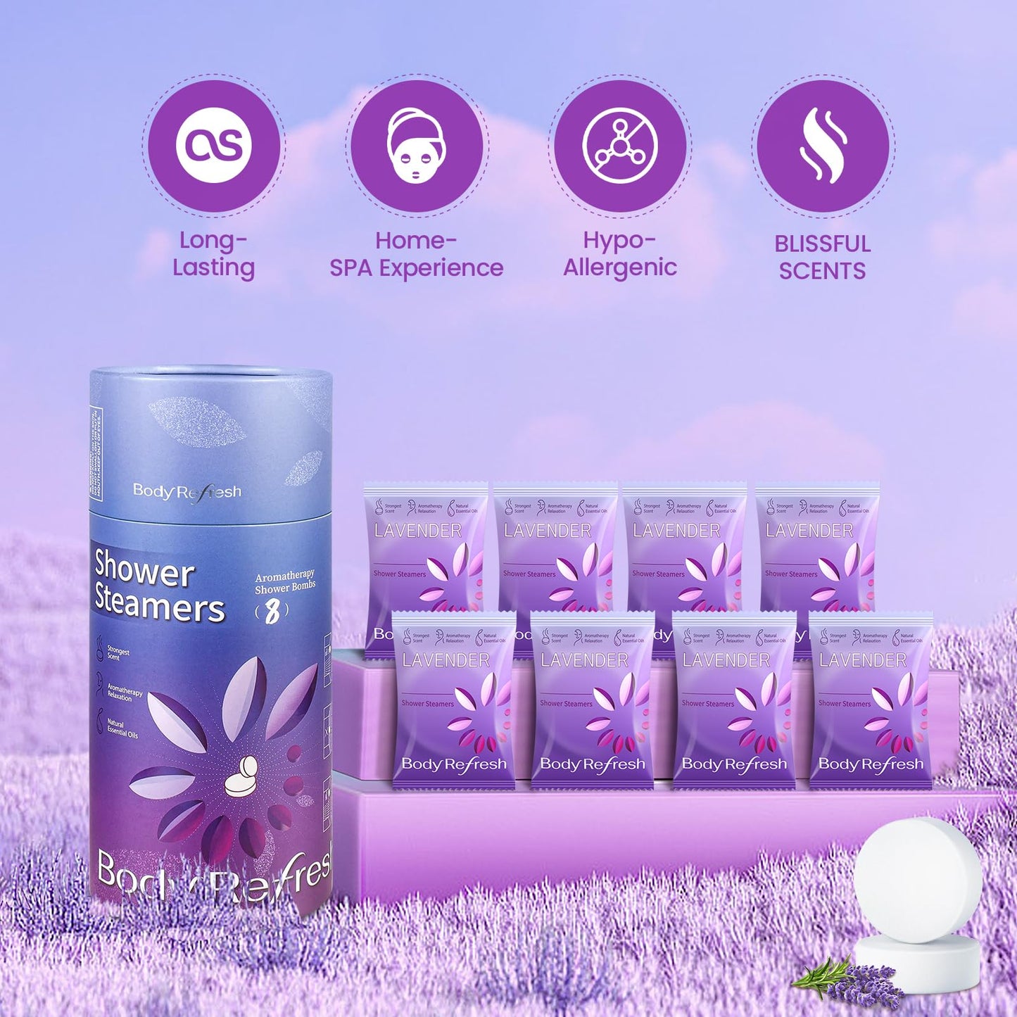 BodyRefresh Lavender Shower Steamers Aromatherapy 8 Pack - Birthday Gifts for Women Mom Wife, Shower Bombs with Essentials Oil for Home Spa Relaxation Beauty and Personal Care BodyRefresh