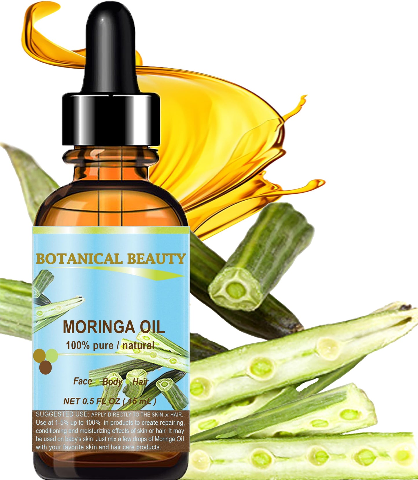Botanical Beauty Moringa Oil 100% Pure Natural Undiluted Cold Pressed Carrier Oil for Face Skin, Hair, Lips, Nails. Rich in Vitamin C, Vitamin E (0.5