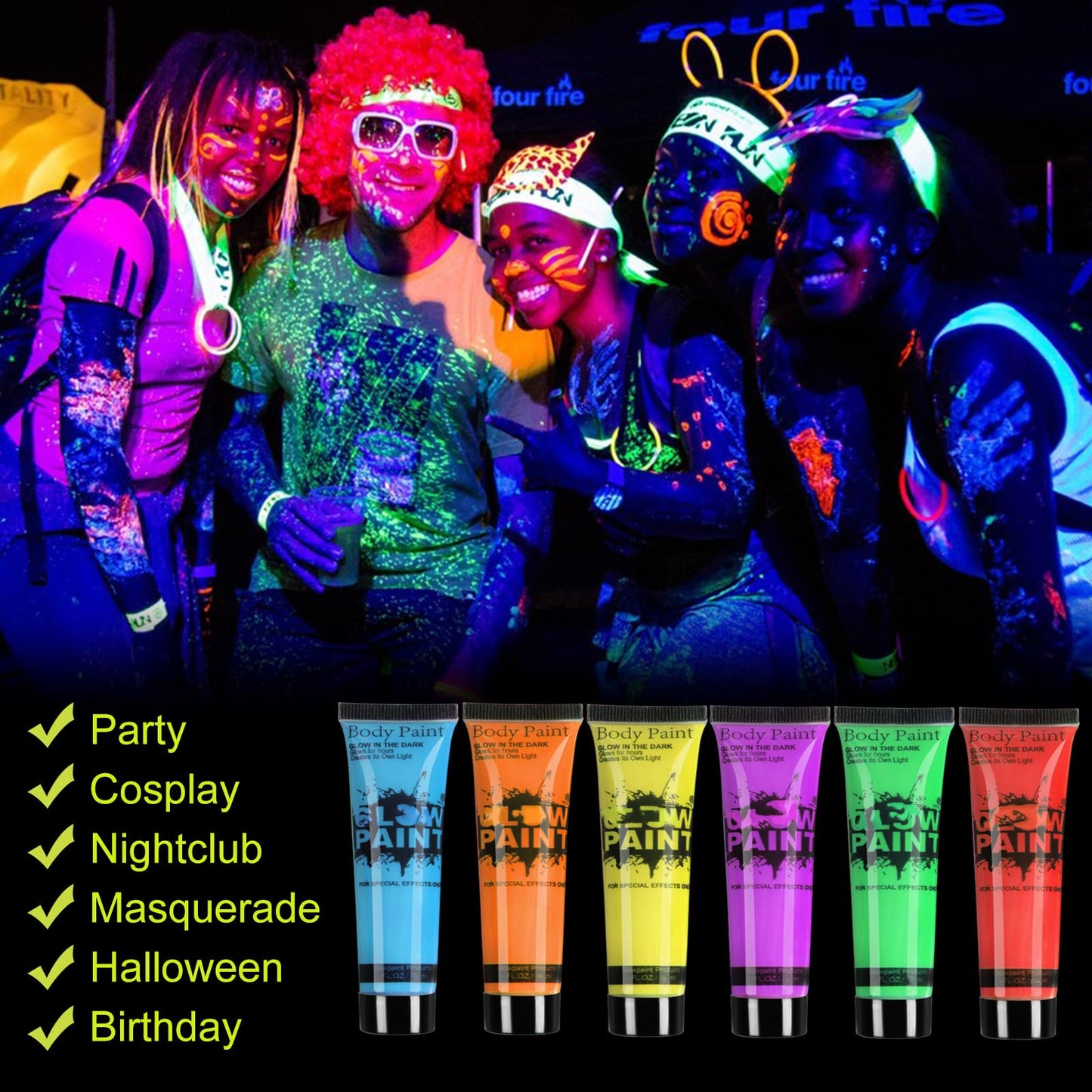 HomeHere Glow in Dark Face Body Paint UV Blacklight Neon Fluorescent 0.34oz Set of 6 Tubes