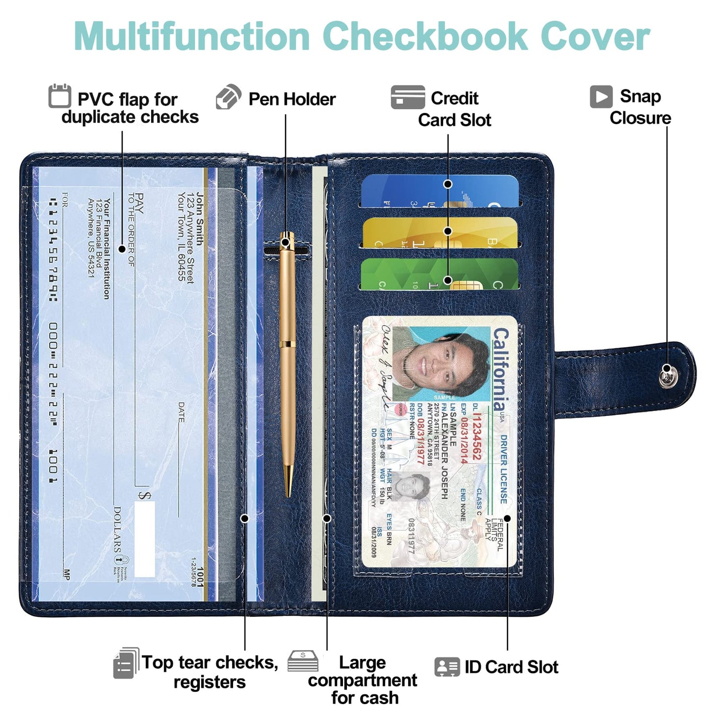Checkbook Covers- Leather RFID Check Registers for Personal Checkbook，Women&Men Wallets with Checkbook Holder Case (Blue)