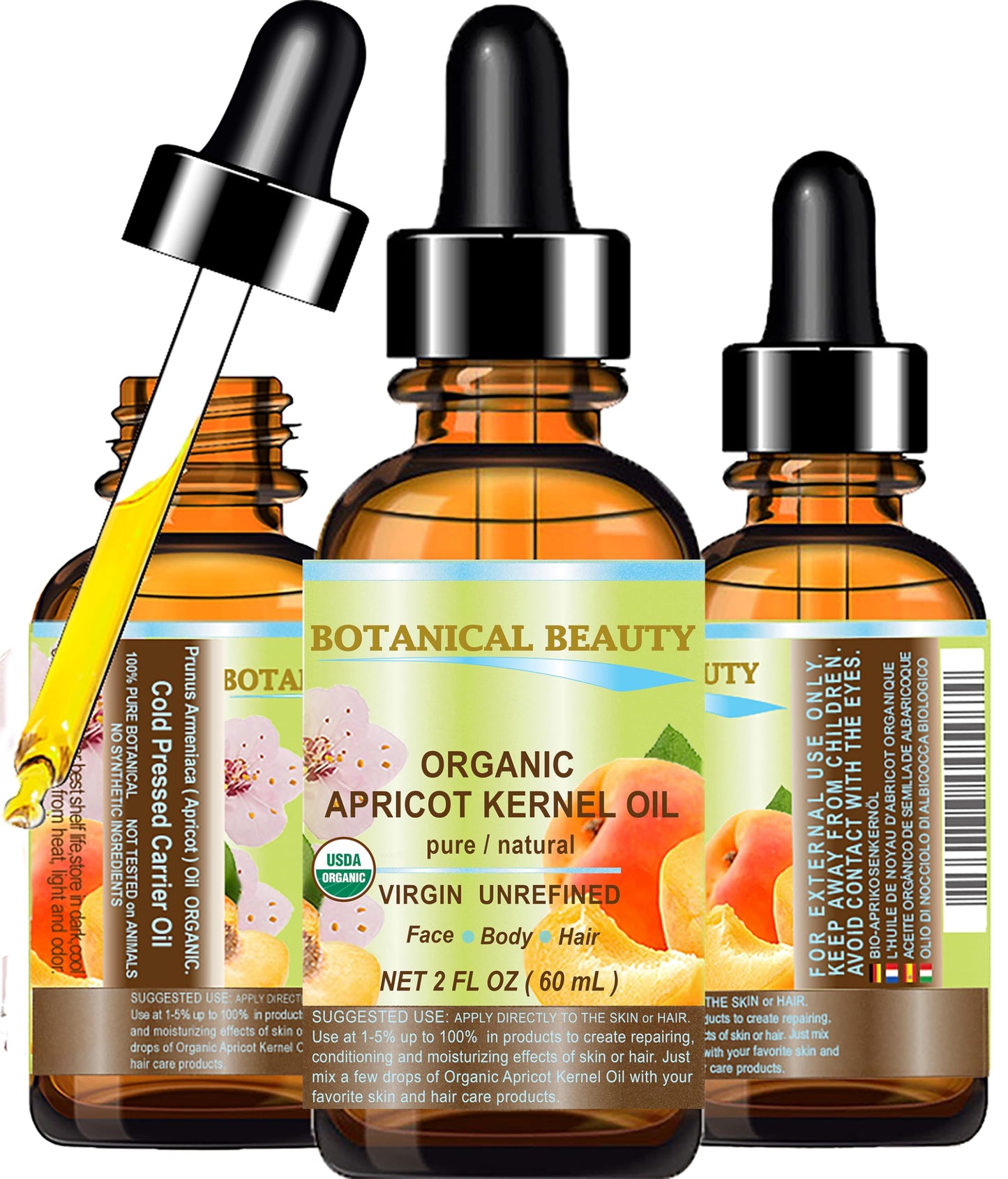 Botanical Beauty ORGANIC APRICOT KERNEL OIL Australian. 100% Pure Virgin Unrefined Cold Pressed Carrier Oil 2 oz- 60 ml. For Face, Hair, Body, Nails