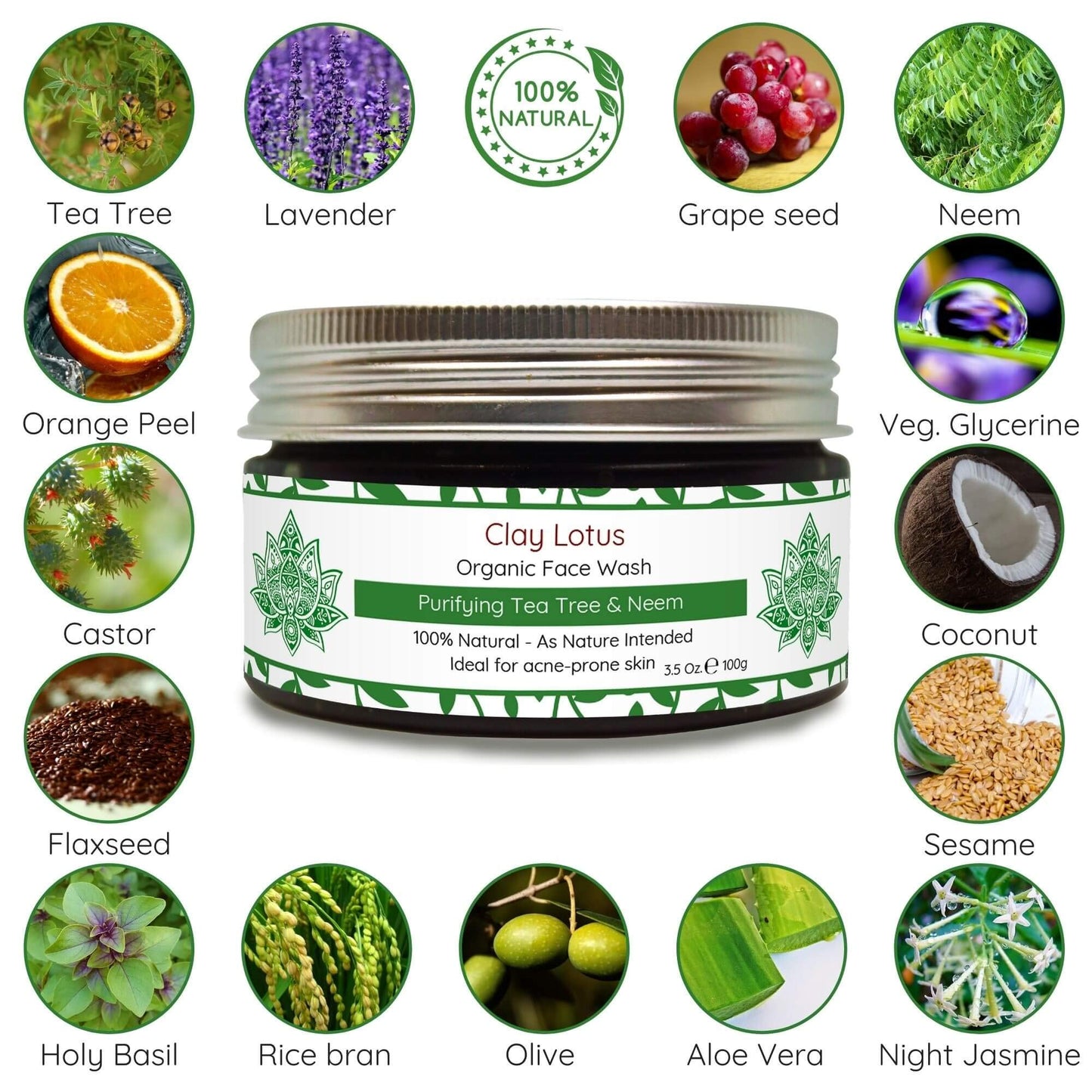 Clay Lotus Organic Face Wash - Acne-Prone, Oily Skin Cleanser with Tea Tree Oil & Neem. All-Natural Ingredients for Blemishes, Redness & Blackheads