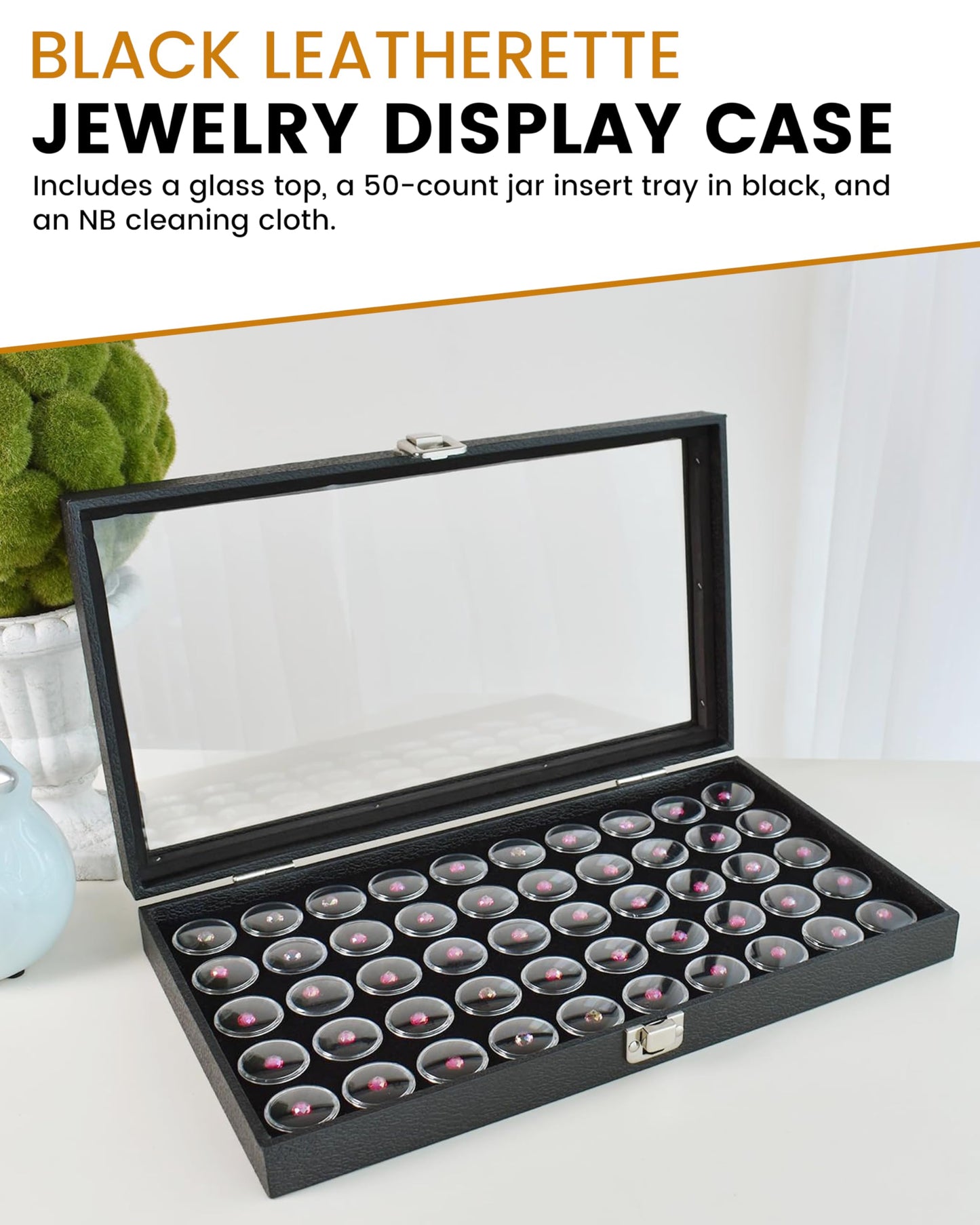 Novel Box Gem Display Case 14.75x8.25x2.1 + Small Size 50 Gems Jars | Fossil Display Case with Lid & Black Tray Foam Liner | Rock Storage Box…