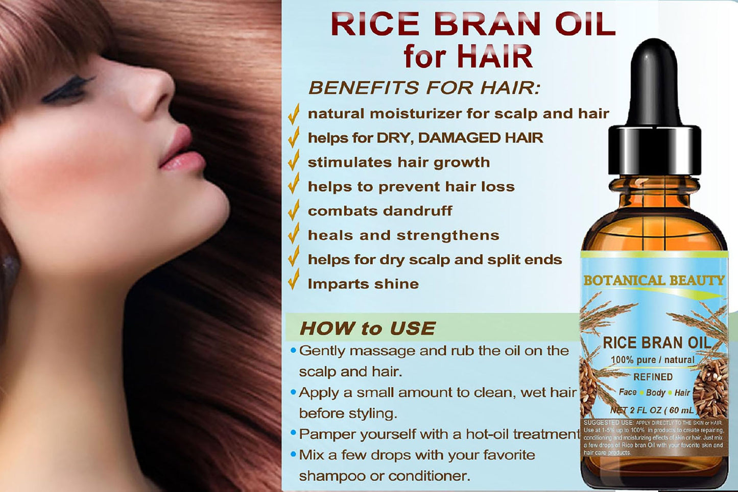 Botanical Beauty RICE BRAN OIL 100% Pure Natural Refined Undiluted Cold Pressed Carrier Oil for Face, Skin, Body, Hair, Massage, Nails. (2 Fl Oz)