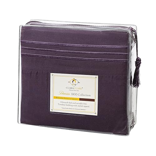 Clara Clark Double Brushed Microfiber Bed Sheet Set, with 2 Pillowcases, Queen Size - Purple
