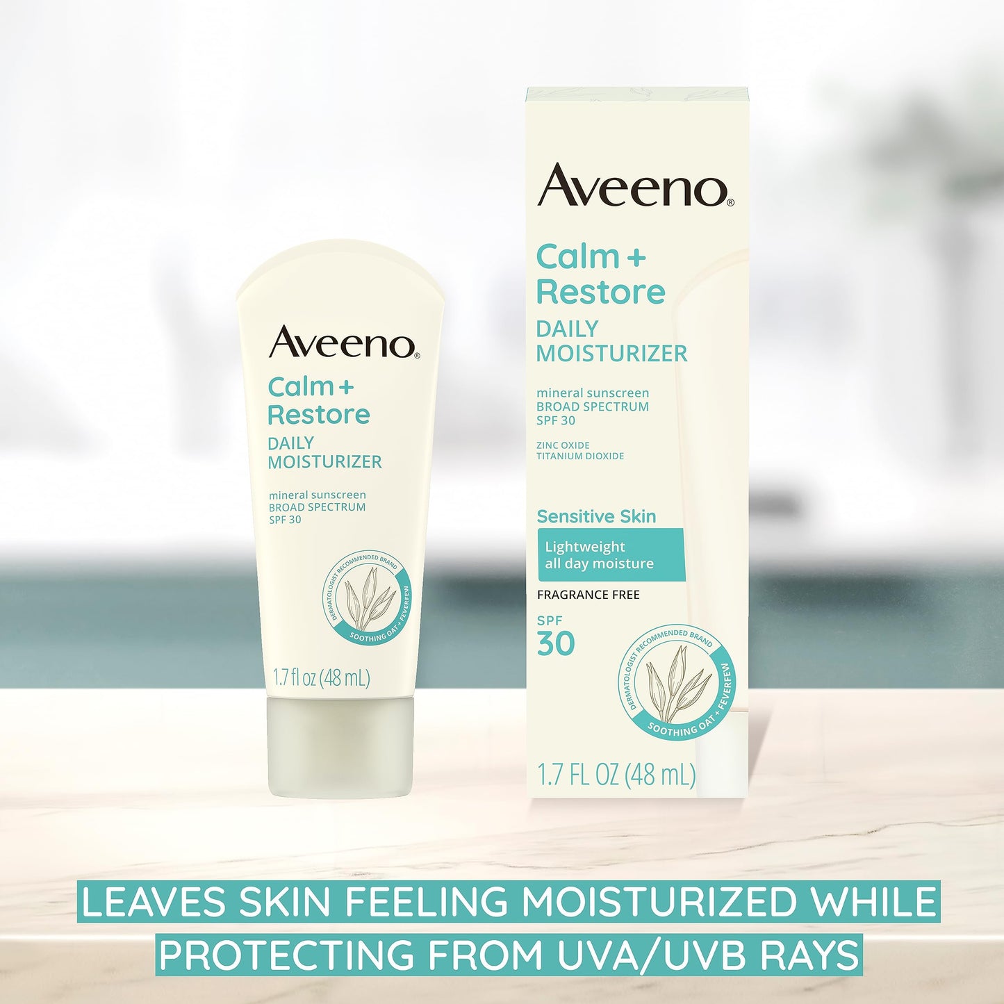 Aveeno Calm + Restore Daily Moisturizer Mineral Sunscreen with Broad Spectrum SPF 30, Lightweight All Day Moisture + UVA/UVB Sun Protection