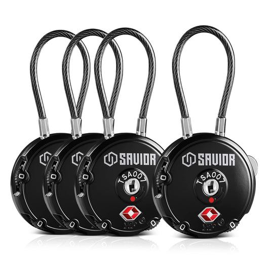 Savior Equipment TSA Approved Cable Locks – 3-Digit Combination Travel Padlocks for Rifle Bags, Gun Cases, Ammo & Storage, 4 Pack Black