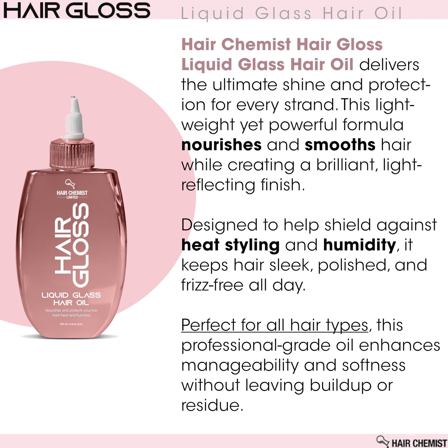 Hair Chemist Hair Gloss Liquid Glass 3-PC Shine & Protect Set - Includes 33.8oz Shampoo, 33.8oz Conditioner & 8oz Hair Oil Set (3-PC SET)