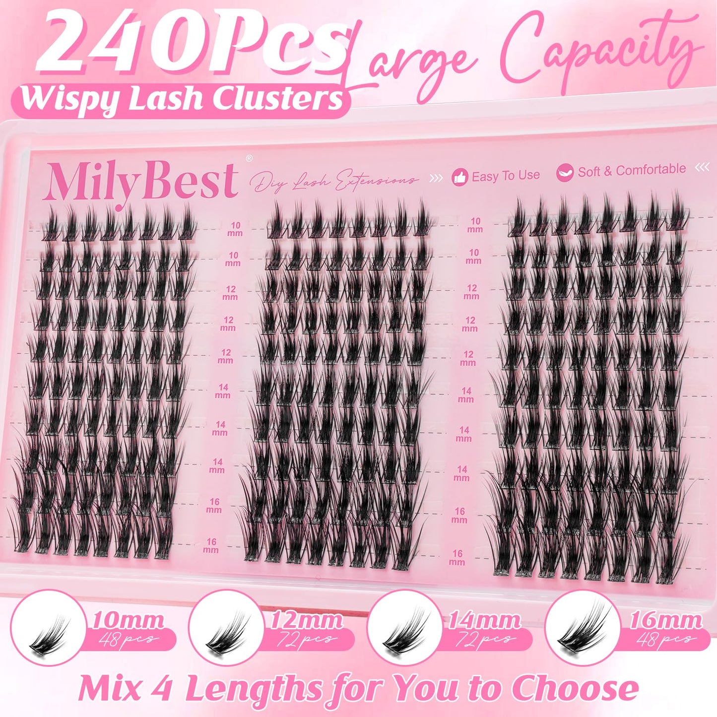 MilyBest Manga Lash Clusters, Natural Wispy Eyelash Clusters, C Curl DIY Cluster Eyelash Extensions, 240Pcs Individual Cluster Lashes Spikes, 10-16mm Beauty and Personal Care MilyBest