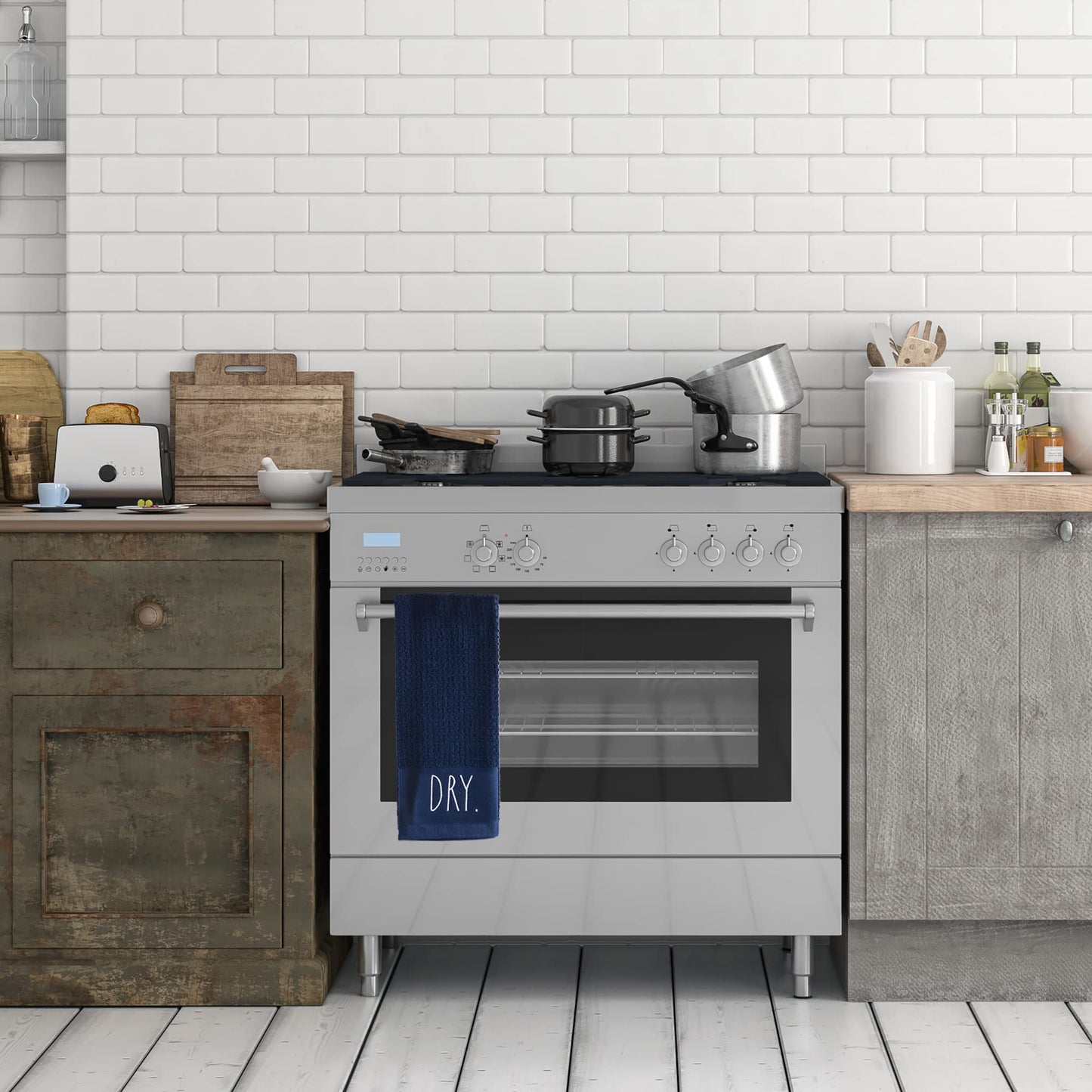 Rae Dunn Set of Hand Towels for Kitchen and Bathroom, 100% Cotton, Embroidered Dish Towels, Decorative Hand Towels, Navy- Wash/Dry, 2 Pack