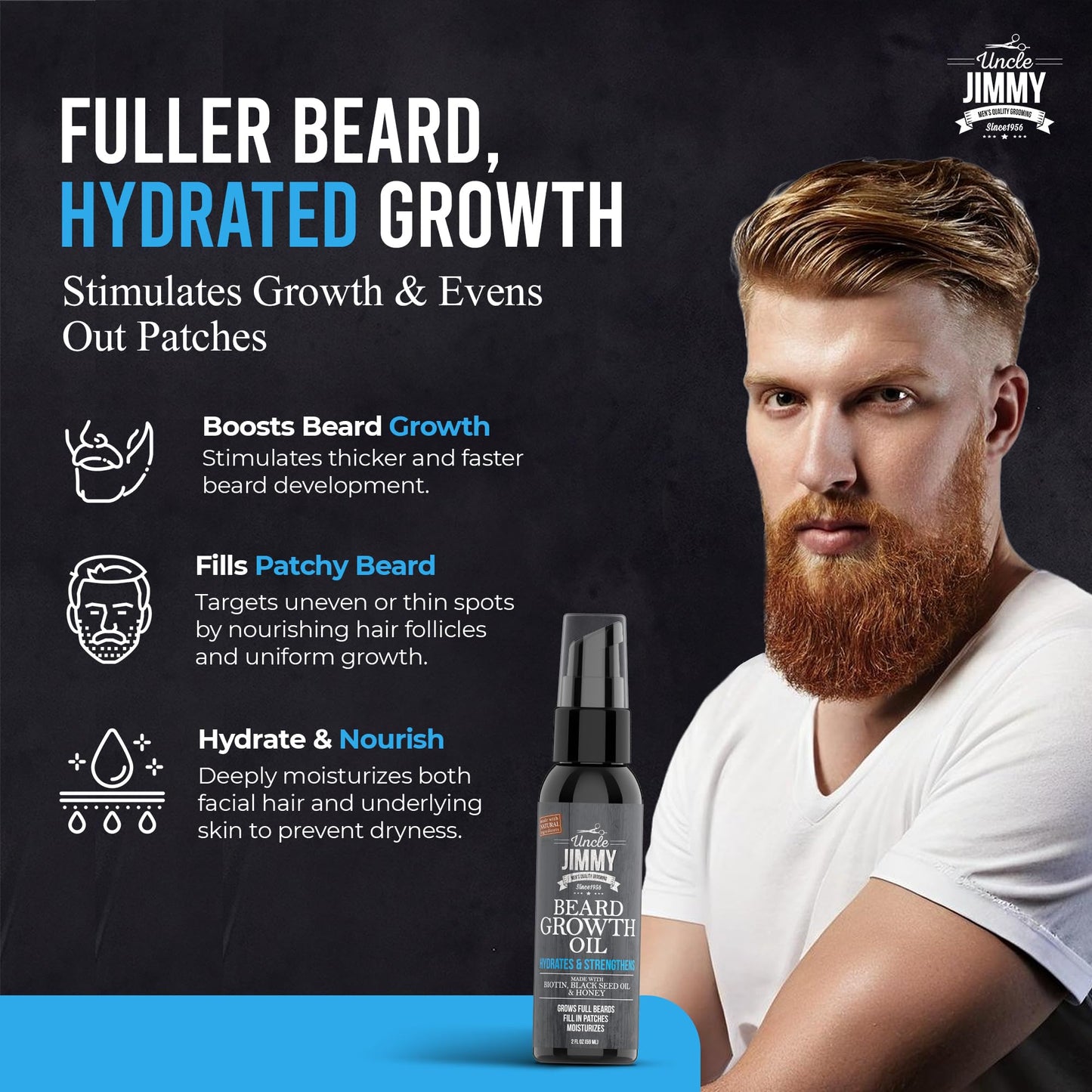 Uncle Jimmy Beard Growth Oil with Biotin | Natural Beard Care for Thicker, Fuller Healthier Beard | Men's Facial Hair Treatment for Grooming |