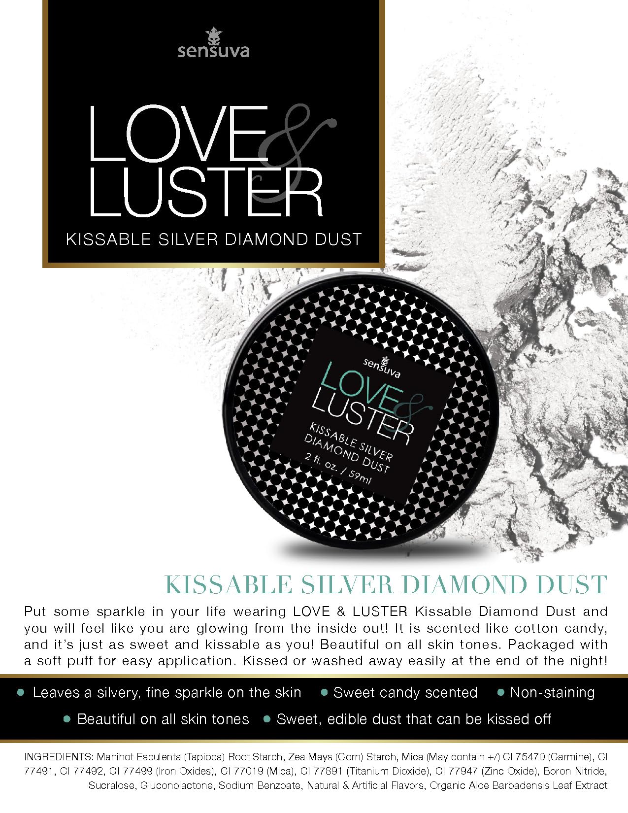 Sensuva Love & Luster Kissable Diamond Dust | Comes with Puffer 2 oz Jar Candy Scent & Flavored Highlighter, Mica Powder, Silver Body Shimmer Face