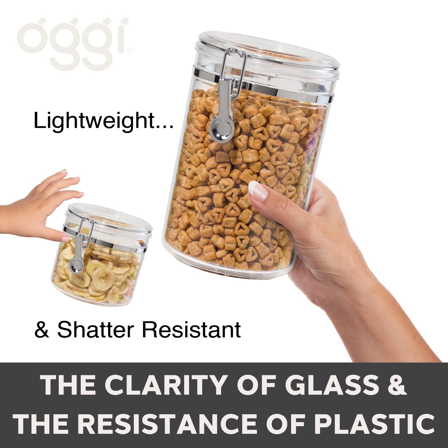 Oggi Clear Canister with Clamp Lid, 38 oz - Large Airtight Food Storage Container, for Kitchen & Pantry Storage of Bulk, Dry Foods Including Pasta…