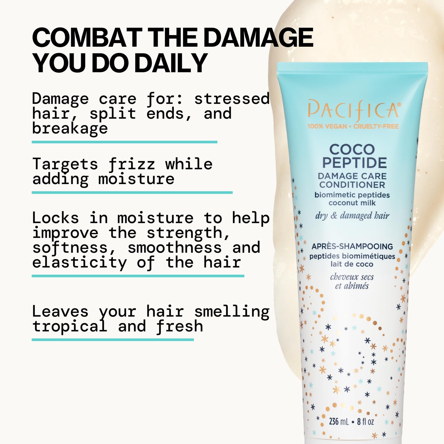 Pacifica Coco Peptide Damage Care Shampoo & Conditioner Set - Repairing Hair Care for Dry Damaged Hair Vegan Collagen & Peptides for Split Ends