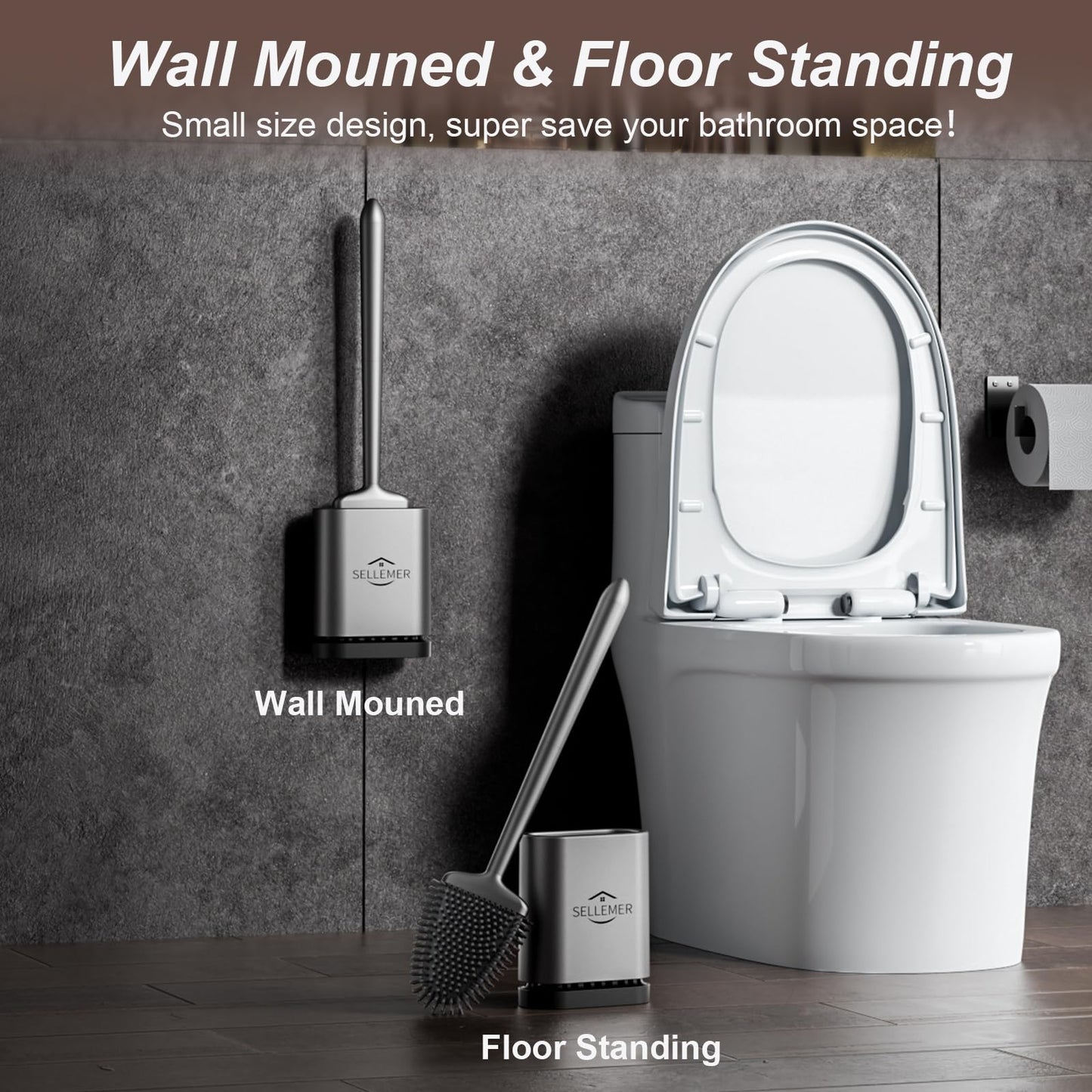 Sellemer Toilet Brush and Holder Set – Flexible Silicone Bristles, Compact Design with Ventilated Base – 1 Pack, Silver