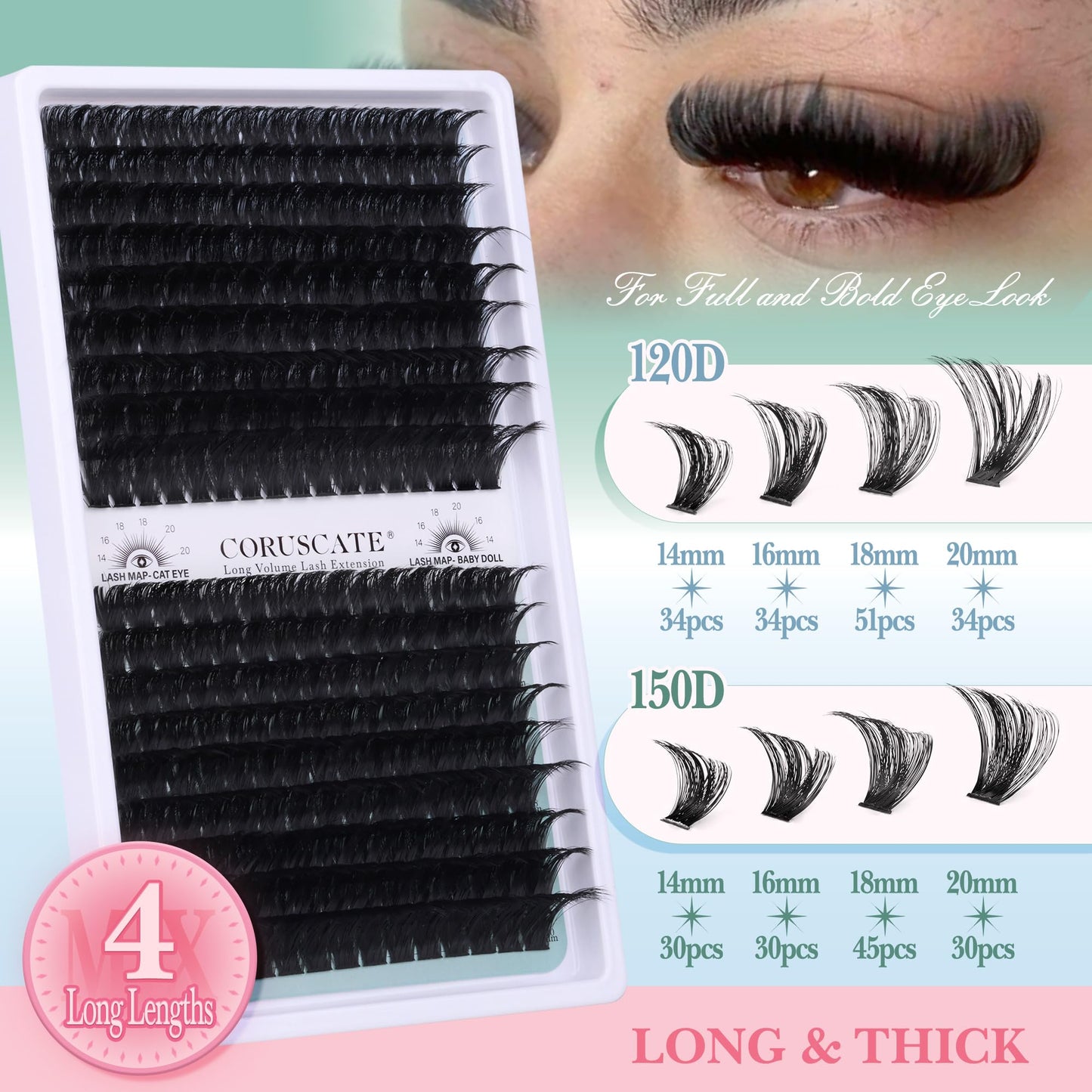 CORUSCATE Lash Clusters 120D+150D Thick Eyelash Clusters 14-20mm Long Cluster Eyelash Extensions 288pcs Individual Lashes Cluster DIY Eyelashes Mink Beauty and Personal Care CORUSCATE
