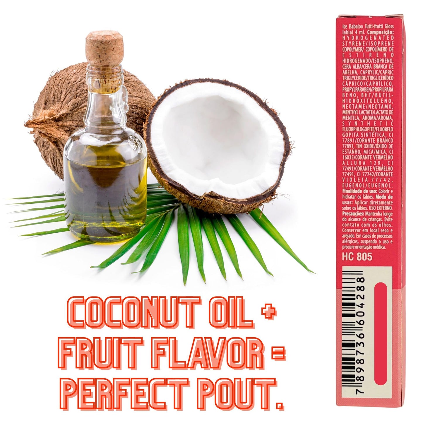 HOT FLOWERS Ice Babaloo Lip Gloss - Moisturizing Gloss with Coconut Oil - Hydrating & Flavored - 15g (Tutti Frutti)