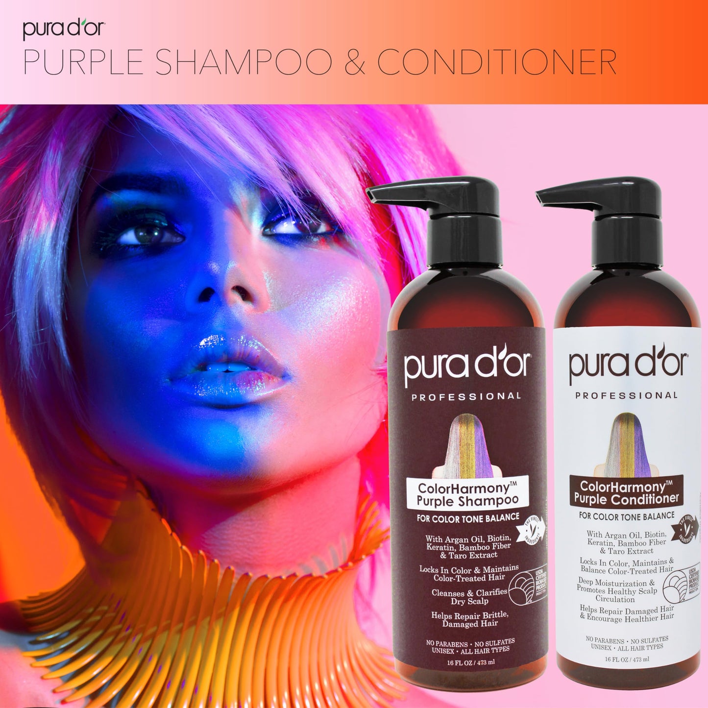 PURA D'OR Purple Shampoo & Conditioner (16oz x 2) ColorHarmony Biotin Set For Bleached, Blonde, Silver & Color Treated Hair - Keratin, Bamboo Fiber