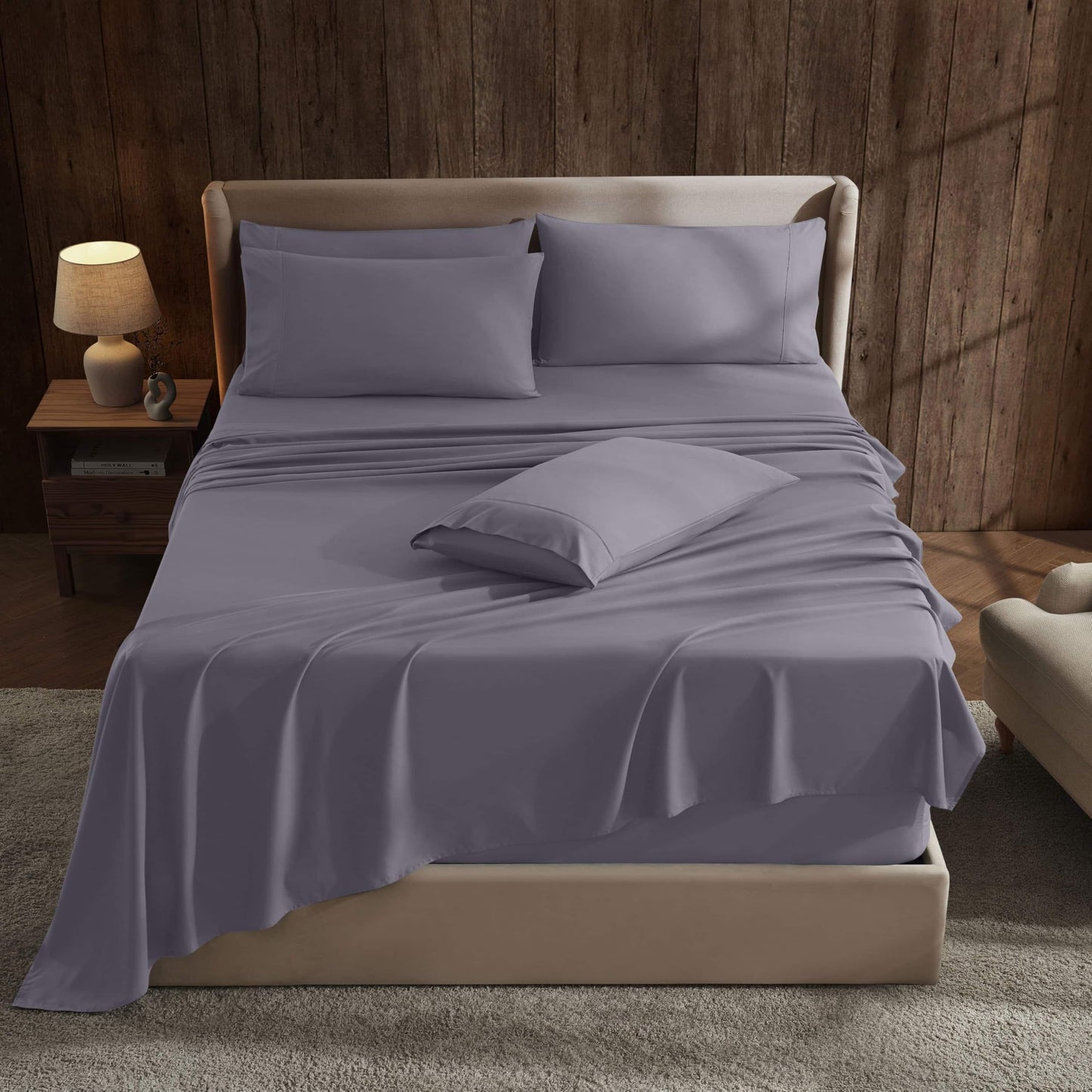 Hearth & Harbor Extra Deep Pocket Sheet Sets, Luxury Soft 6 Piece Bed Sheet Set Fits Mattress 18-24 Inches - Split King Size, Grayish Purple