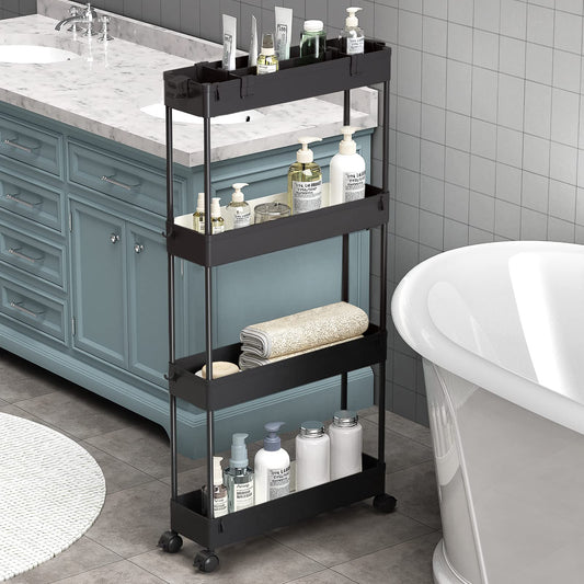 SPACELEAD Slim 4-Tier Storage Cart, Rolling Bathroom Organizer & Mobile Shelving Unit for Kitchen, Laundry, Office & Narrow Spaces, Black
