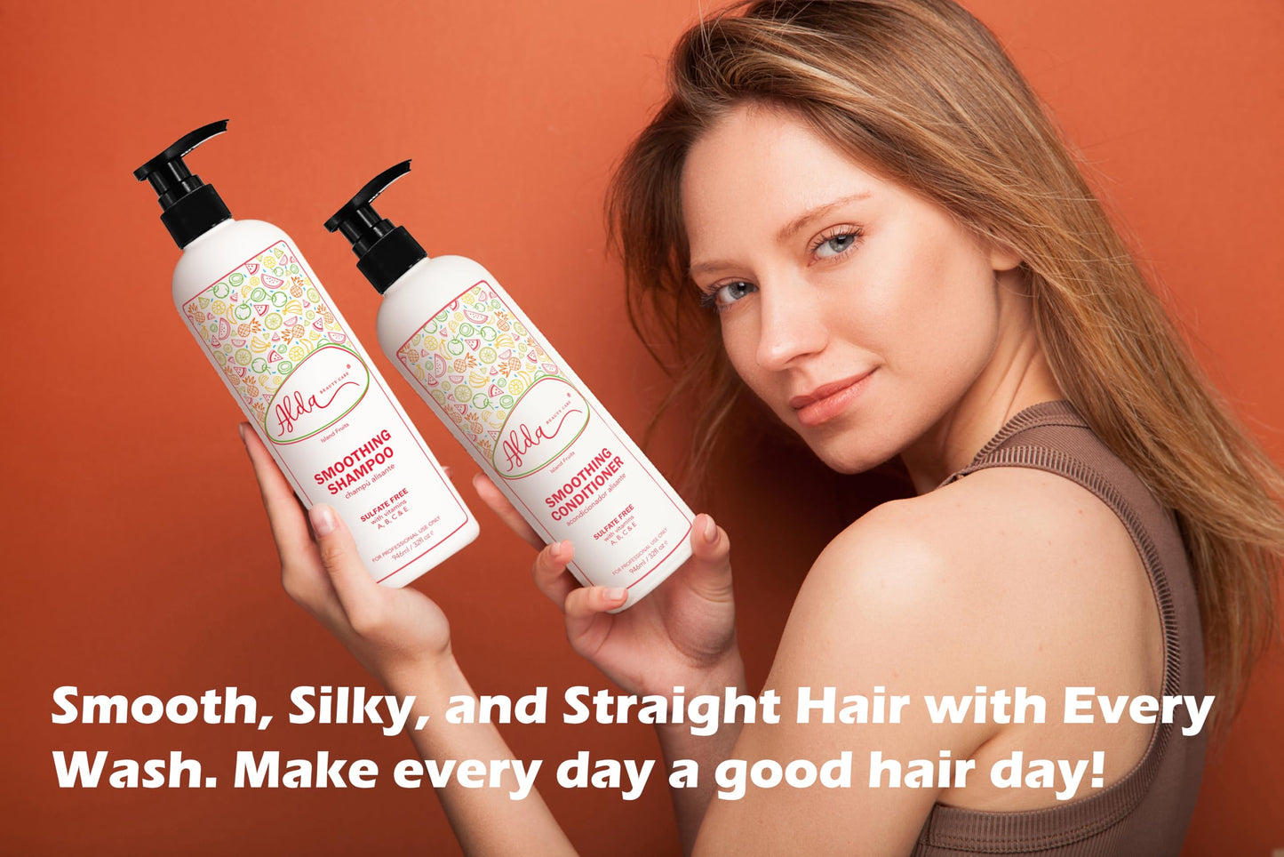 Alda Beauty Care Smoothing Shampoo and Conditioner Set, 32 fl oz Each, with Argan Oil Serum, Island Fruits Scent, Sulfate-Free, Nourishing Formula