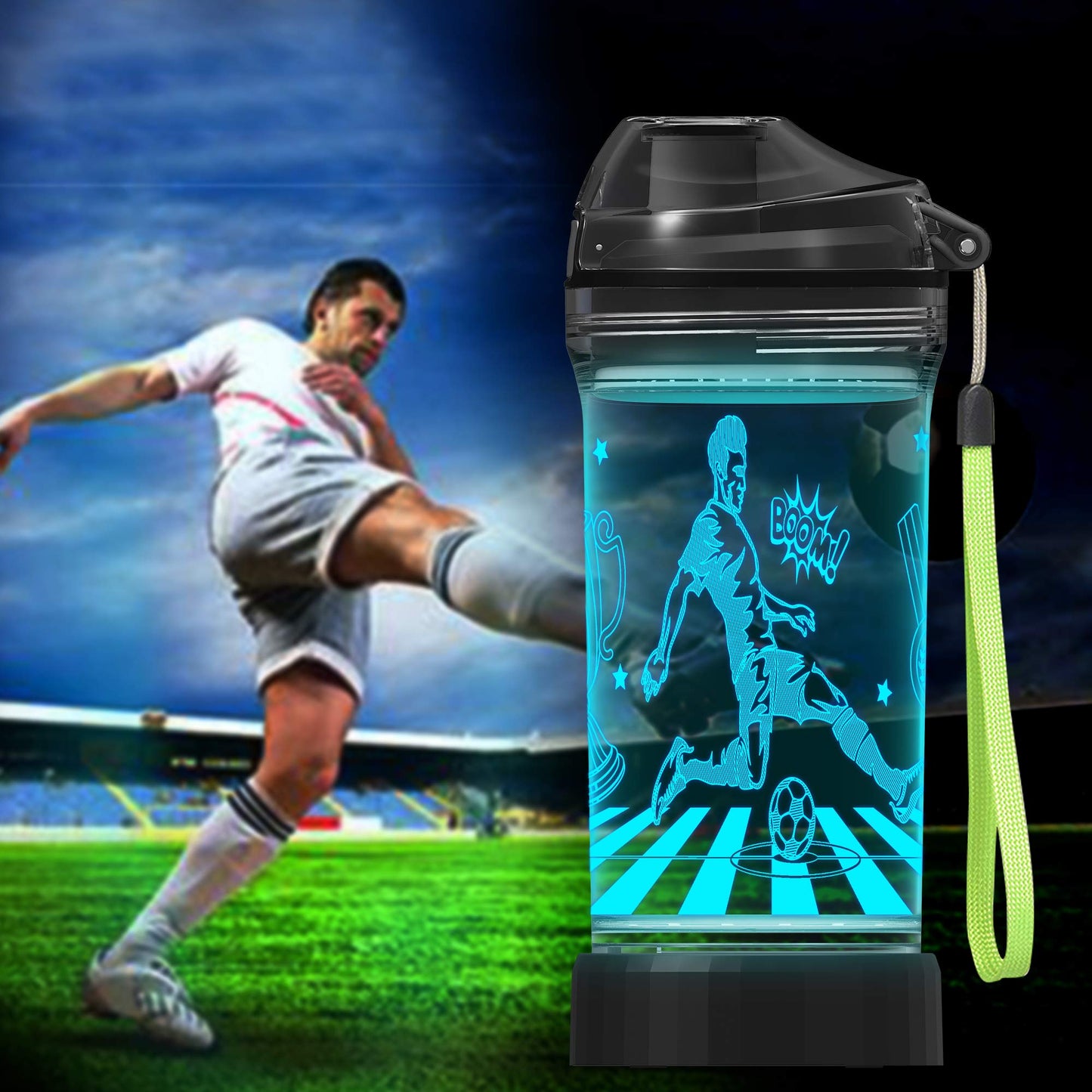 Lightzz Soccer Water Bottle with 3D Glowing Light Up, 14 OZ Tritan BPA Free Kids Water Bottle, Creative Ideal Travel Soccer Cup Gift for Boys 8-12