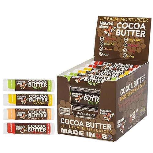 Nature's Bees Cocoa Butter Lip Balm, Lip Care for Dry Lips, Made with Coconut Oil, Beeswax, Vitamin E, Aloe, and Shea Butter, 0.15 oz Each, 4 Flavors