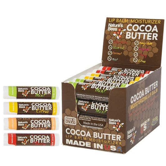 Nature's Bees Cocoa Butter Lip Balm, Lip Care for Dry Lips, Made with Coconut Oil, Beeswax, Vitamin E, Aloe, and Shea Butter, 0.15 oz Each, 4 Flavors