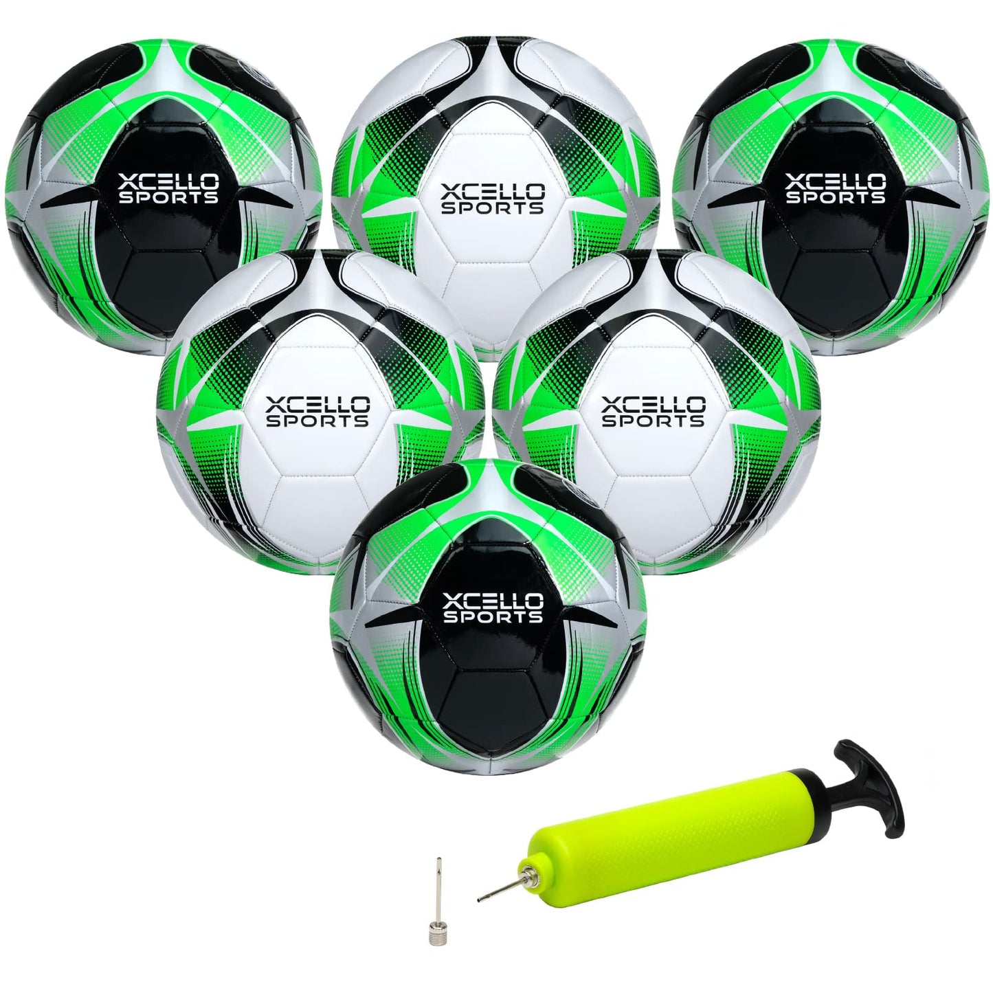 Xcello Sports Soccer Ball (Black/Green/Silver, White/Green/Silver) w/Pump (Size 4, Pack of 6)