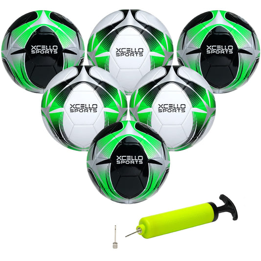 Xcello Sports Soccer Ball (Black/Green/Silver, White/Green/Silver) w/Pump (Size 4, Pack of 6)
