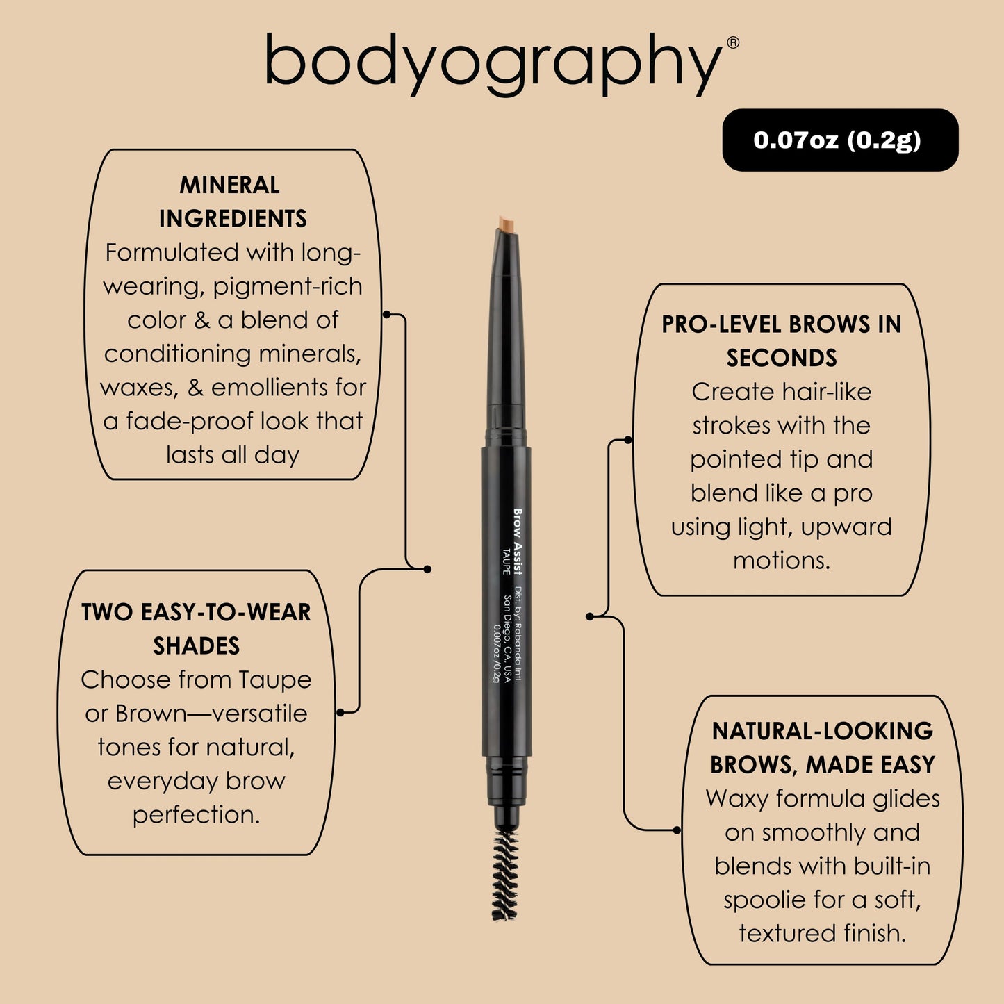 Bodyography Brow Assist - Taupe | Triangular Tip Eyebrow Pencil for Women with Built-In Spoolie | Defines, Fills & Shapes Brows | Mineral-Based