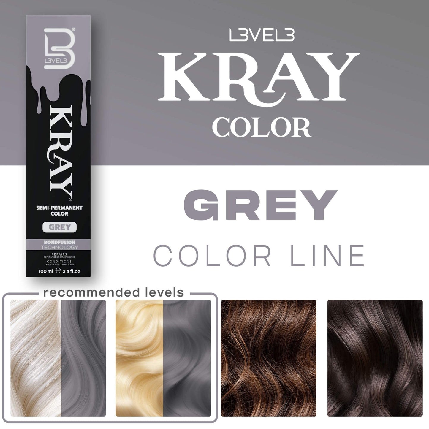 L3 - Level 3 Kray Semi Permanent Hair Color - Semi Permanent Hair Dye with Aloe Vera - Grey