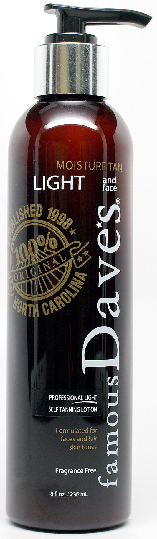 Fair Skin and Face Self Tanner - America's 20,000 Testimonial Famous Dave's Moisture Tan Light 8 Fl Oz. Professional Tanning Lotion for Body and Face