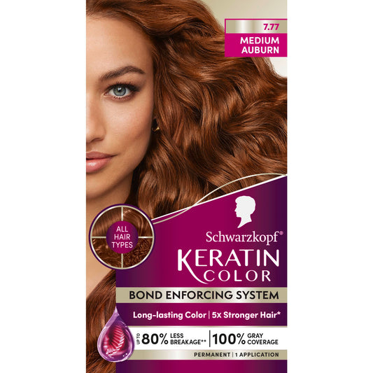 Schwarzkopf Keratin Color Permanent Hair Color, 7.7 Medium Auburn - Professional Quality Permanent Hair Dye, Up to 100% Gray Coverage - 1 Application