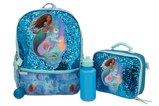 Disney The Little Mermaid Movie 4 Piece Backpack Set, Flip Sequin School Bag for Girls with Front Zip Pocket, Green