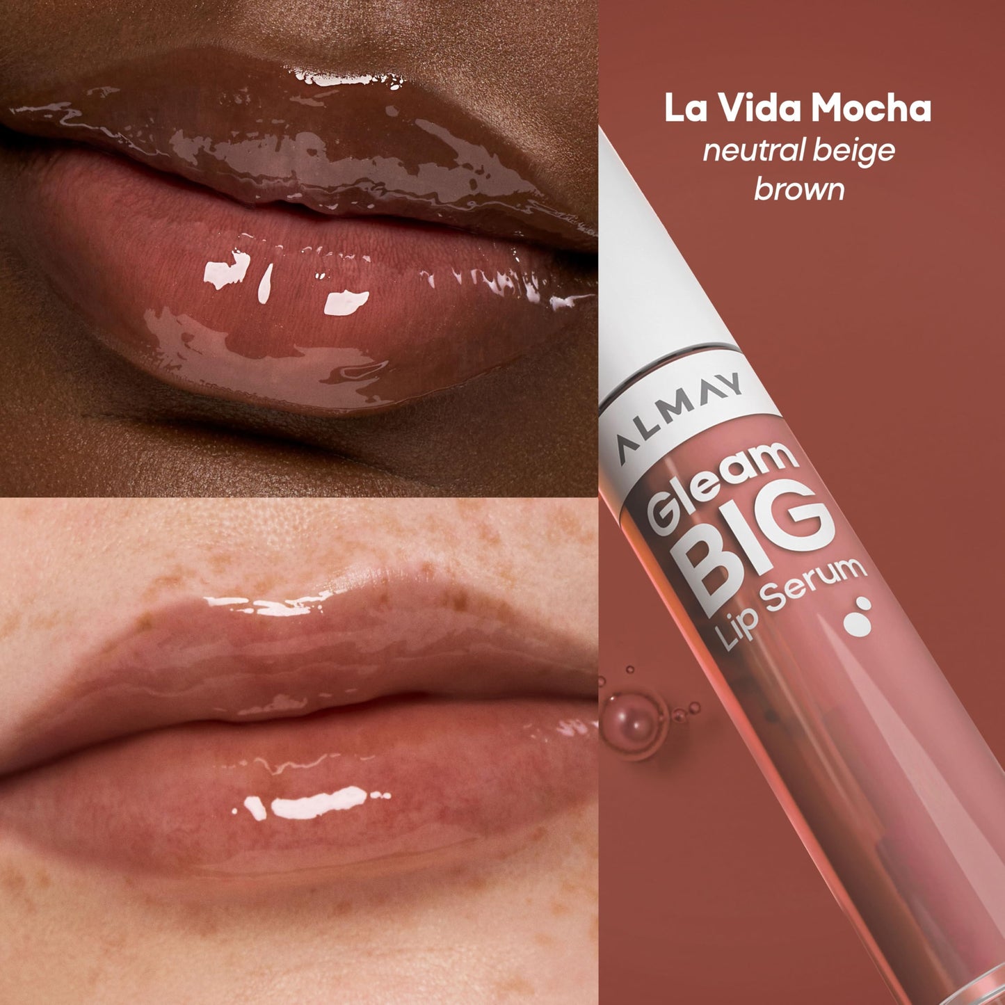 Almay Gleam Big™ Lip Serum, Hydrating and Moisturizing, Hypoallergenic Lip Gloss, Non-Sticky, 700 La Vida Mocha, 0.13 fl oz