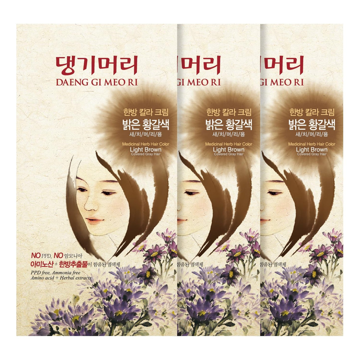 Daeng Gi Meo Ri - Korean Herbal Hair Dye Color Cream [Light Brown] (3 PACK) - PPD-Free Gray Coverage, Hair Protection, High-Keratin Formula, 5 Oz